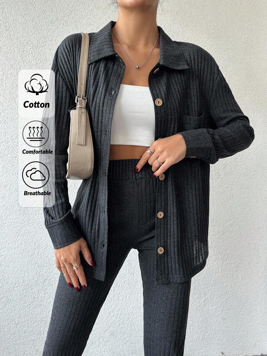 SHEIN Cottnline Cotton Women's Solid Color Rib Knit Two Pieces Set - Dark Grey - View 1