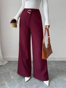 Elenzga Damen elegante, gerade geschnittene Hose mit Gummibund und Metallschnalle, geeignet für Partys, Dates, Alltag, Pendeln, Herbst/Winter - Rot - Übersicht 1