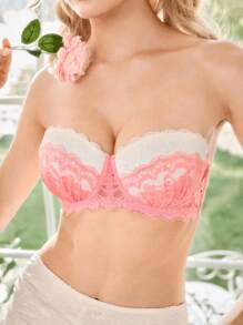 QuietHaus Women's Pink Contrast Color Strapless Underwire Padded Bra,Floral Lace Patchwork, Backless Shoulder-Revealing Comfortable Balconette Bra - Pink - View 3