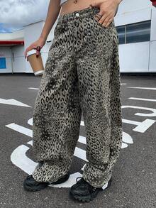 DAZY 女士豹纹宽松哈伦裤，休闲街头风牛仔裤 Y2k - 軍綠色 - 查看 3