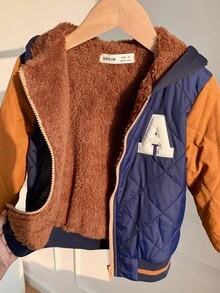 SHEIN 年轻男孩休闲学院风字母印花拼接撞色加厚抓绒连帽棉服外套，适合通勤、上学、居家、休闲、街拍、派对及户外活动，冬季 - 藏蓝色 - 查看 7