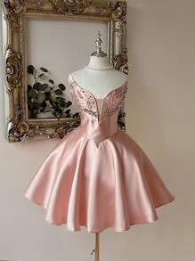 Lovelzi Elegant Champagne Strapless Dress With Unique Neck Design, Luxury Rhinestones, High Waist A-Line Silhouette, Adjustable Tie Back, Formal Gown, Party Dress, Prom Dress - Champagne - View 1