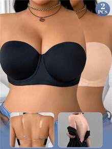 Wedaily 2pcs/Set Plus Size Wireless Bras With Removable Straps, Crossover Design, Invisible Back Bra - Multicolor - View 1