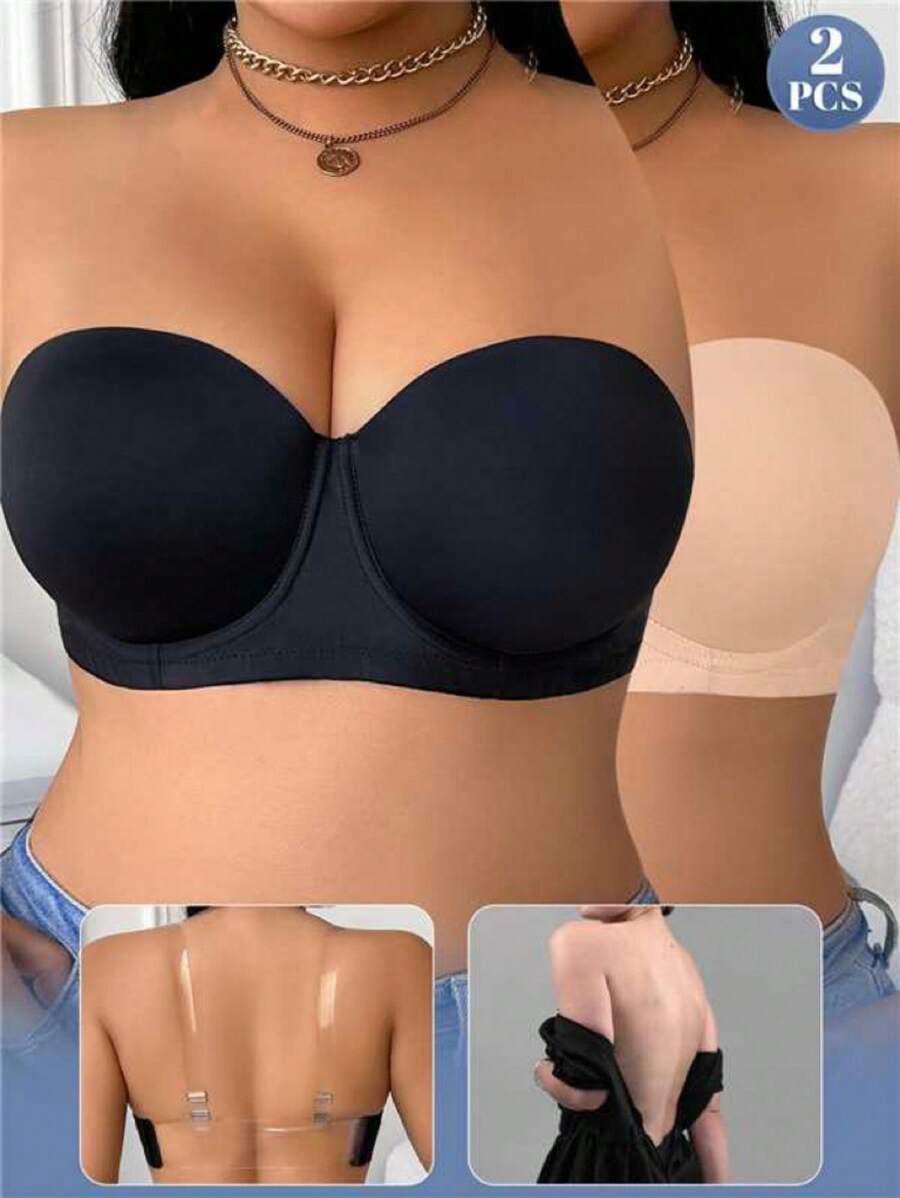 Wedaily 2pcs/Set Plus Size Wireless Bras With Removable Straps, Crossover Design, Invisible Back Bra - Multicolor - View 1