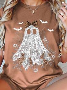 EMERY ROSE Plus Size Summer Casual Daily Halloween Ghost Print Short Sleeve T-Shirt - Coffee Brown - View 1