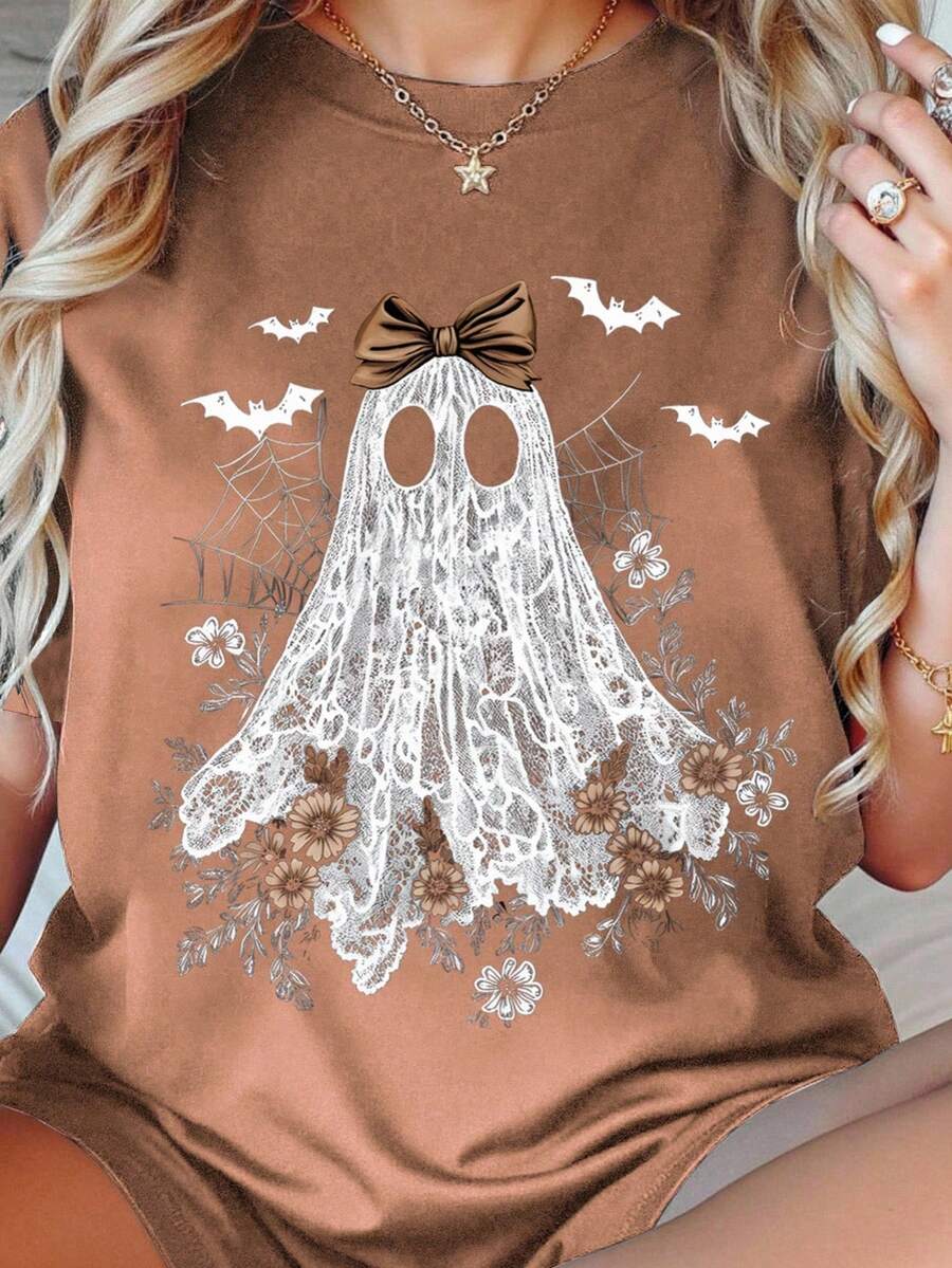 EMERY ROSE Plus Size Summer Casual Daily Halloween Ghost Print Short Sleeve T-Shirt - Coffee Brown - View 1