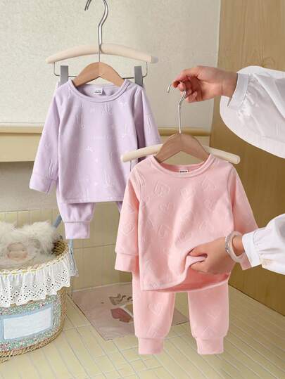 4 件套女婴休闲纯色浅粉色和浅紫色长袖上衣和裤子舒适家居服套装