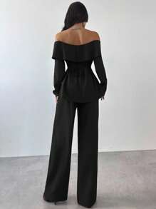 Firerie 2 件套女士优雅露肩长袖上衣和裤子套装，适合秋冬季通勤 - 黑色 - 查看 4