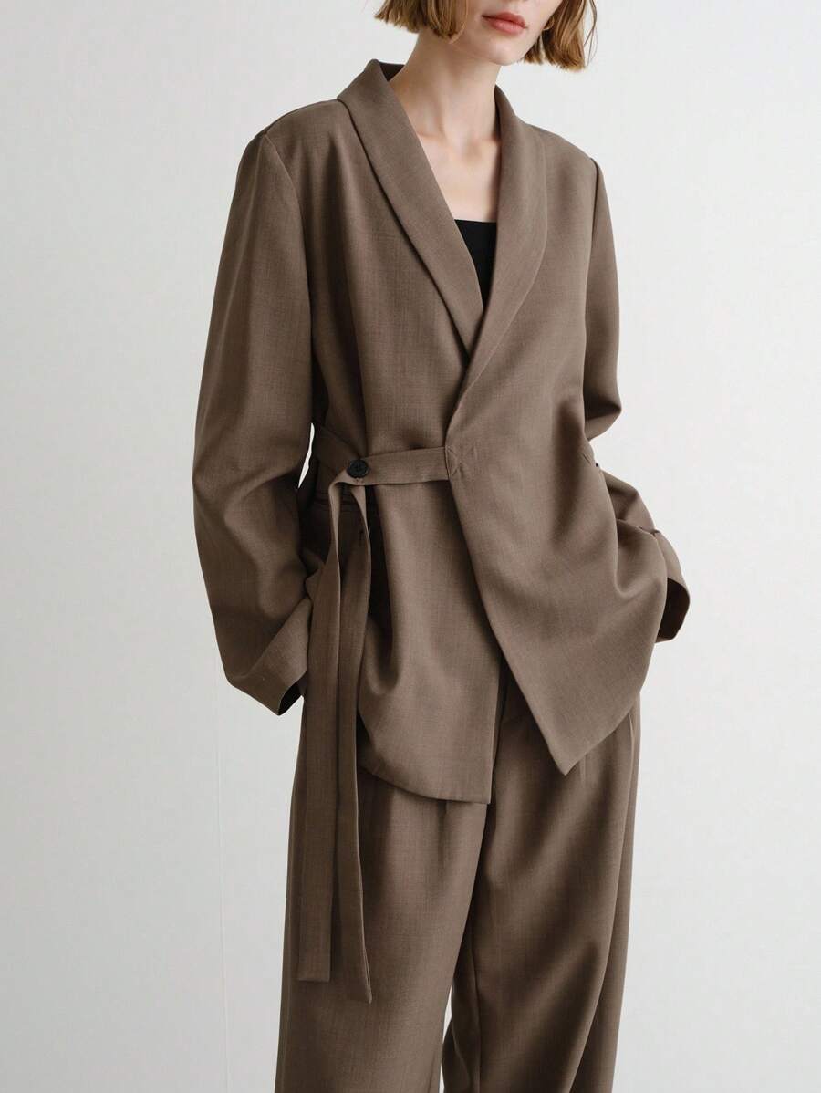 FRIFUL 女士纯棕色休闲商务套装，百搭秋冬装 - 咖啡棕 - 查看 1