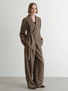 FRIFUL 女士纯棕色休闲商务套装，适合秋季穿着 - 咖啡棕 - 查看 5