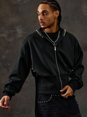 Street Life sweat-shirt à capuche zippé décontracté pour homme avec broderie de perles, automne