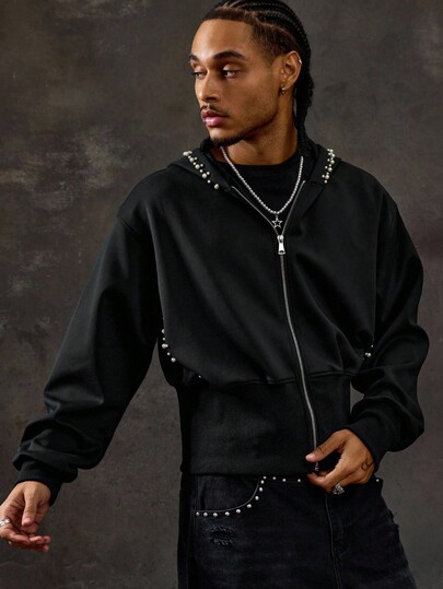 Street Life Men's Streetwear Casual Zip-Up Beaded Embroidery Hoodie, Fall