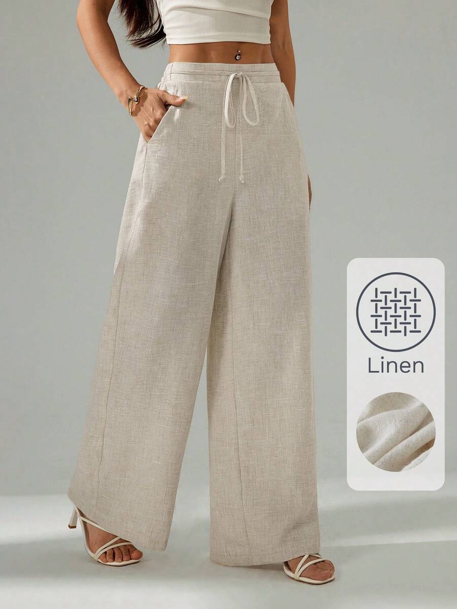 SHEIN EZwear Plus Size Casual Loose Straight Leg Linen Pants Wide Leg Linen Pants Loose Linen Pants
