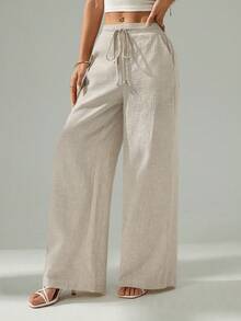 SHEIN EZwear Plus Size Casual Loose Straight Leg Linen Pants Wide Leg Linen Pants Loose Linen Pants