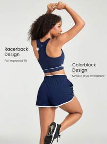 GLOWMODE Sleeveless Contrast Striped Racerback Cropped Sports Tank Low Impact Yoga Studio Gym Daily Summer - Navy Blue - View 4