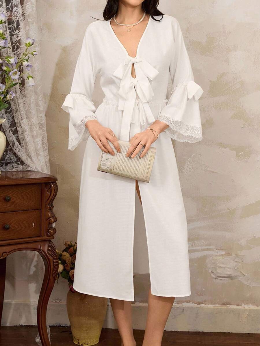 Côtesoire 女士优雅法式蝴蝶结睡袍，优雅家居服白色蕾丝边睡袍白色睡袍，秋季 - 白色 - 查看 1