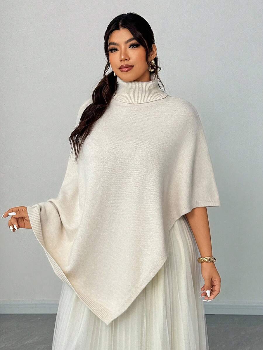 Elenzga Damen einfarbiger Cape Weihnachtsstil Stehkragen Lässig Elegant Locker Büro Design Unregelmäßiger Saum Große Größen Strickpullover Cape Schal Warm Mantel, Herbst Winter - Aprikosenfarben - Übersicht 1