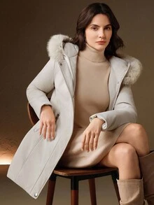 Anewsta Áo khoác độn ngực có mũ trùm đầu, dài đến giữa eo, có khóa kéo cho nữ - Màu be - Xem 1