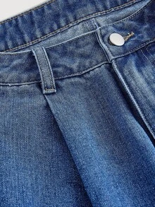 Sweetra 优雅通勤系带蝴蝶结高腰阔腿牛仔裤 - 深色水洗藍 - 查看 3