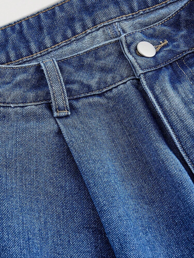 Sweetra 优雅通勤系带蝴蝶结高腰阔腿牛仔裤 - 深色水洗藍 - 查看 3