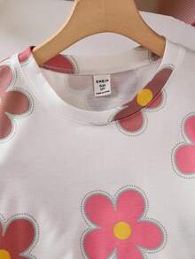 Sparklyn 2件套女童花卉印花T恤和高腰纹理阔腿裤套装 - 粉色 - 查看 3