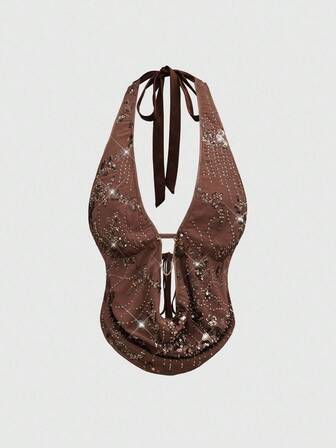 Stark perlenbesticktes, rückenfreies, drapiertes Neckholder-Urlaubsshirt für Frauen