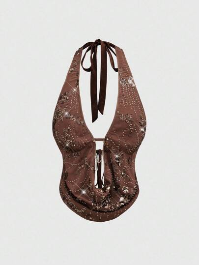 Top da donna senza schienale con scollo drappeggiato, pesantemente decorato con ricami e perline, adatto per vacanze e momenti sexy