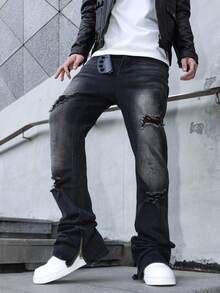 Manfinity EMRG Men's Casual Distressed Zip Ankle Denim Jeans Men S Black Ripped Jeans Ripped Jeans For Men, Grunge - Black - View 8