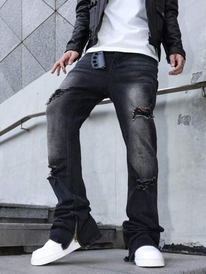 Manfinity EMRG Men's Casual Distressed Zip Ankle Denim Jeans Men S Black Ripped Jeans Ripped Jeans For Men, Grunge