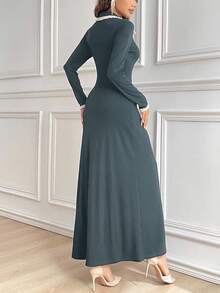 Modelyn Women's Contrast Trim Pearl Button Casual Commuting Long Modest Long Sleeve Dress Long Evening Dresses - Blue - View 6