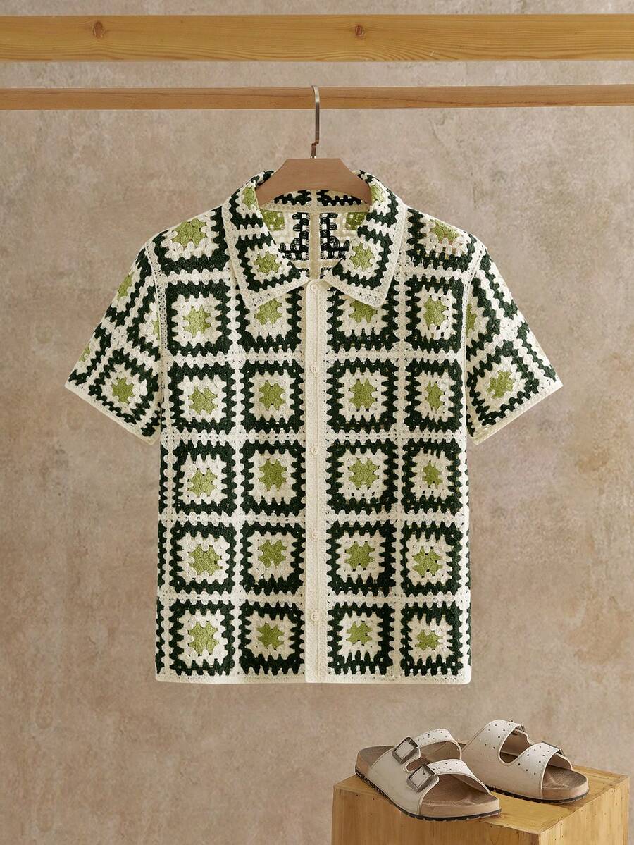 HIMLAND Men's Fashionable Tri-Color Knit Polo Shirt Men Crochet Shirt Crochet Shirt Open Knit Shirt Men Men Retro Shirt White And Green Graphic Shirt Men