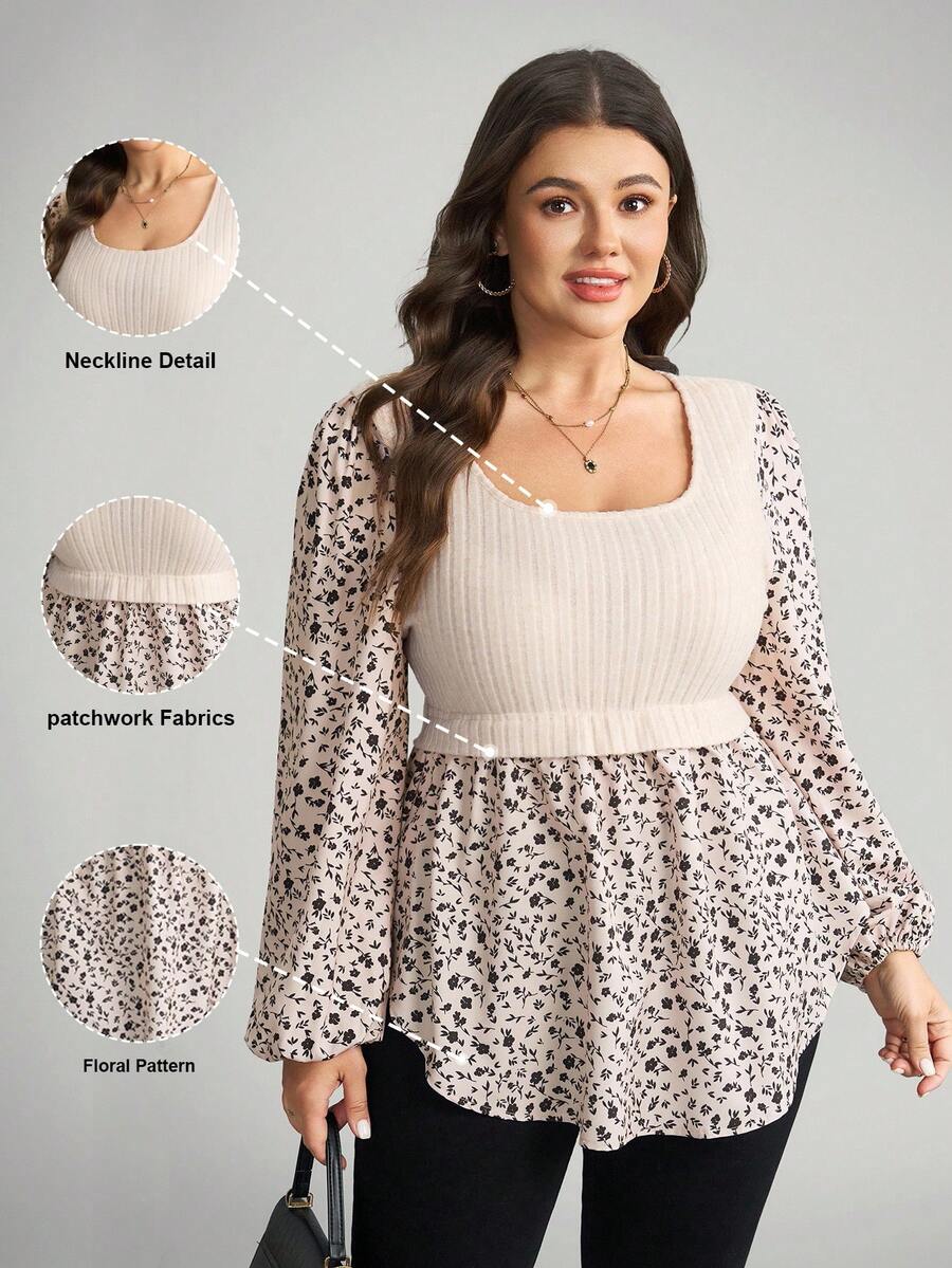 Comfylo Plus Size Women's U-Neck Regular Shoulder Long Sleeve Floral Casual Blouse Fall Winter Going Out Tops Women Fall Tops Women Winter Tops Women Business Casual Women Fall Floral Tops For Women Plus Size Tops For Women Full Sleeve Tops Peplum Tops