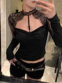 DAZY Tricou de damă cu mânecă lungă, model slim, cu guler fals, dantela, model patchwork, scobit în interior, semi-transparent, sexy, slim fit