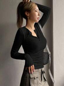 DAZY Camiseta tipo henley de manga larga con botones hasta la mitad, ropa de otoño