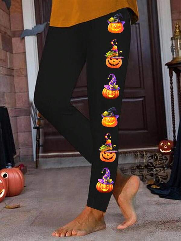 EMERY ROSE Halloween Pumpkin Bat Ghost Halloween Party Print Hip-Lifting Leggings Halloween Leggings Pumpkin Leggings Black Halloween Leggings Halloween Leggings Women Witch Leggings,Fall