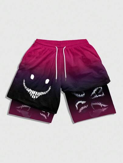 Anime شورت رجالي ذو خصر مربوط بسحاب مطبوع برأس الثعبان طبقتين