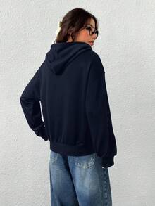 SHEIN EZwear 女式休闲拉链前口袋连帽卫衣，简约风格，长袖，海军蓝，适合毕业、返校、秋季 - 藏蓝色 - 查看 2