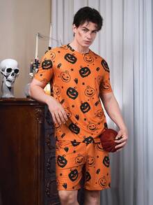 CoupledUp Conjunto de Pijama Casual Masculino com Estampa de Abóbora de Halloween, Manga Curta e Shorts - Laranja - Visão 6
