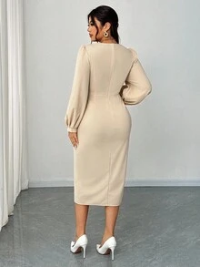 Elenzga Đầm maxi dài tay xếp ly cổ chữ V chất liệu voan mỏng, tay dài, thắt lưng, trang trí tiệc tùng hàng ngày, thanh lịch, lãng mạn, cỡ lớn dành cho nữ, mùa xuân/thu - Màu be - Xem 2