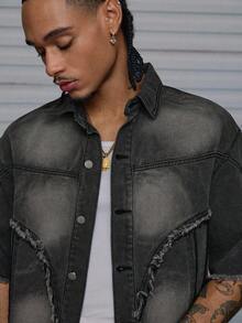 AXEPEAK Men's Short Sleeve Shirt, Washed & Embellished Casual Style New Fashionable Half Sleeve Collared Jacket