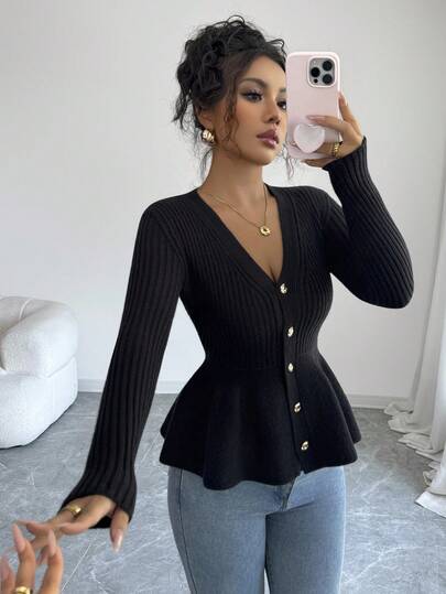 Elenzga V-Neck Slimming Patchwork Floral Hem Asymmetric Button Women Cardigan Fall Winter Cloth For Women