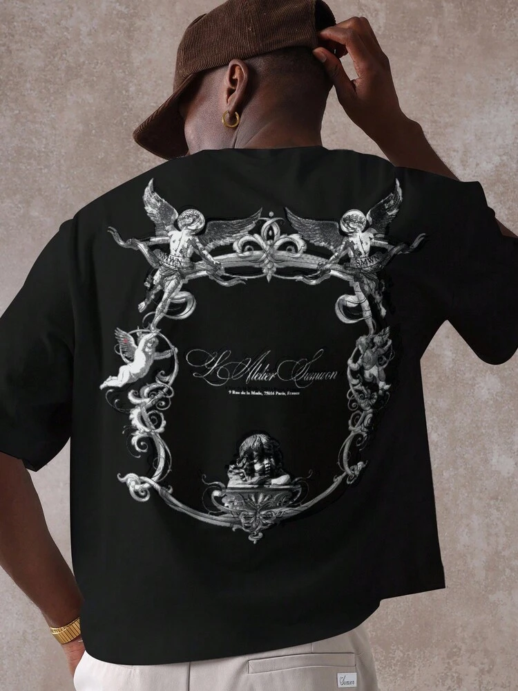 Oversized Loose Fit Cotton T-Shirt Classic Baroque Angel Design