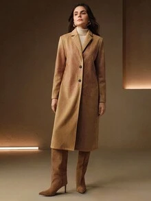 Anewsta 女式卡其色长款优雅绒面革翻领夹克，腰果花图案印花，秋冬 - 卡其色 - 查看 6