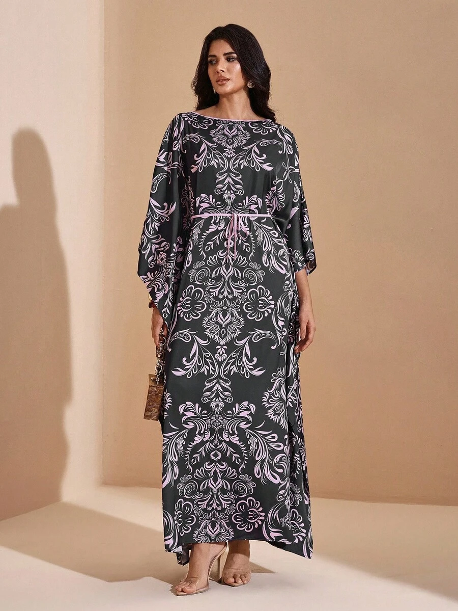 JIAN LASALA All-Over Print Boat Neck Oversized Batwing Sleeves Maxi Dress Women Boho Vacation Summer Kaftan Elegant Dresses For Women Going Out Party Dress Winter Evening Dress Luxury Stylish Clothing Collection - Multicolor - View 1