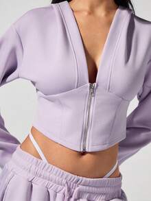 Fluxe Casual Solid Color Knit Cropped Long Sleeve Fitted Hooded Women Sweatshirt Jacket In Fall/Winter - Mauve Purple - View 3