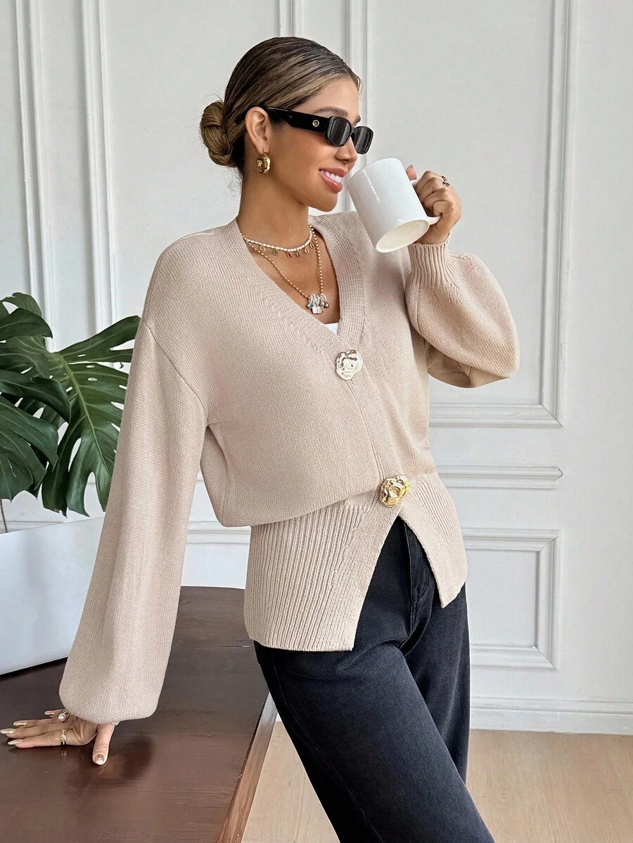 Serisse Cardigan femme à boutons de couleur unie - Nude - Voir 1