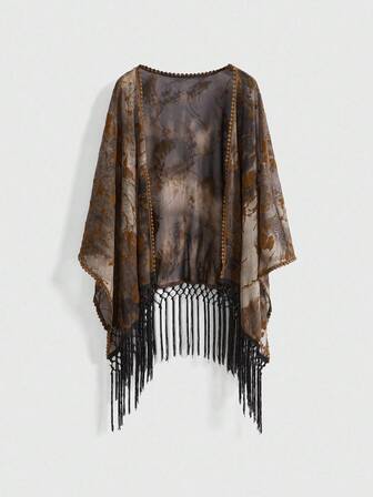 Goth Chemise ouverte à franges avec motif floqué tie-dye botanique vintage Y2K pour femmes