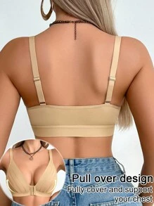 SHEIN 1 件套休闲渔网蕾丝拼接镂空性感深 V 前开合女士无钢圈文胸 - 卡其色 - 查看 2