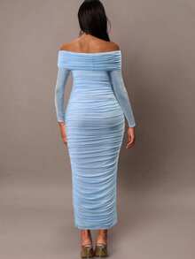MaterniChic Women's Elegant Light Blue Open Shoulder Pearl Ruched Slim Fit Maternity Maxi Dress,Summer Pregnant Photoshoot Dress,Bump Friendly Bodycon,Maternity - Blue - View 2