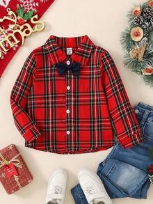 SHEIN 1 Stück Kariertes Hemd im britischen Stil für Kleine Jungen - klassisches Mehrfarbkariert + marineblauer Schleifen, geeignet für Partys und den Alltag, Frühling/Herbst